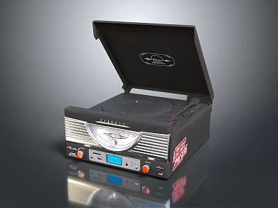 Black Retro Record Player Audio System With Open Lid Control Panel Knobs And Display Screen 3d model