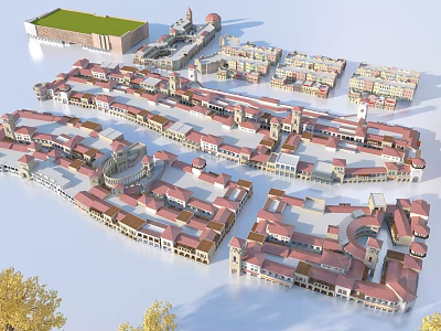Aerial Planning of Organized Building Complex With Red Roofs and Green Plaza Areas 3d model