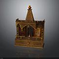 Traditional Brown Wooden Shrine With Pointed Roof Arched Front Windows And Colorful Golden Interior Decorations