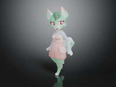 Cute 3D Cartoon Green Animal Sculpture with Pink Ears Red Eyes and Pink Overalls 3d model