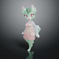 Cute 3D Cartoon Green Animal Sculpture with Pink Ears Red Eyes and Pink Overalls