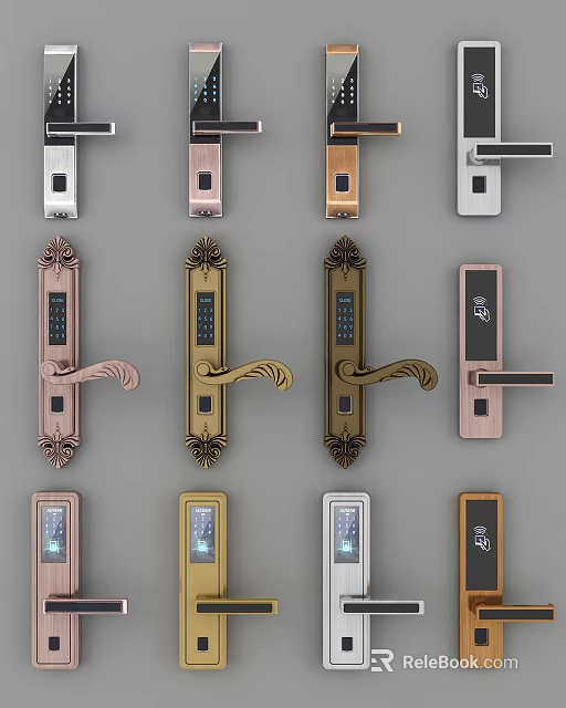 Various Decorative And Digital Door Locks With Stylish Handles In Different Colors 3d model 