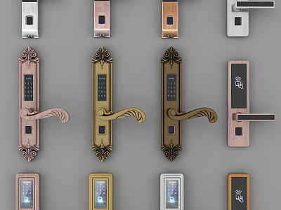 Various Decorative And Digital Door Locks With Stylish Handles In Different Colors 3d model