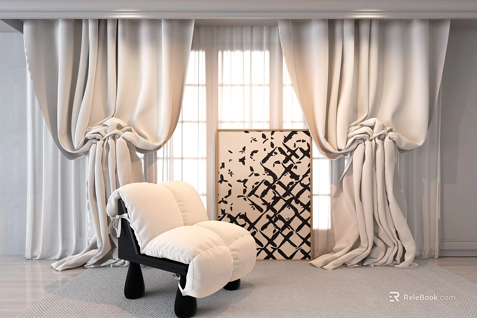 Elegant White Curtains in Modern Interior with Window and Decorative Art 3d model 