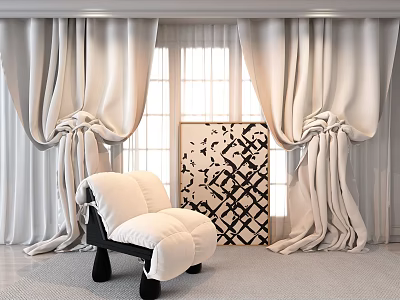 Elegant White Curtains in Modern Interior with Window and Decorative Art 3d model