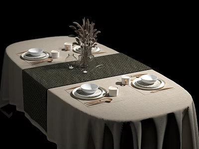 Elegant Dining Table Setup With Beige Tablecloth Table Runner Vase And Tableware 3d model