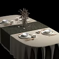 Elegant Dining Table Setup With Beige Tablecloth Table Runner Vase And Tableware 3d model