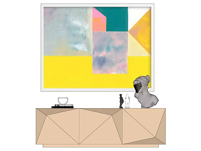 Geometric TV Stand With Colorful Abstract Painting And Pets In Modern Living Room 3d model