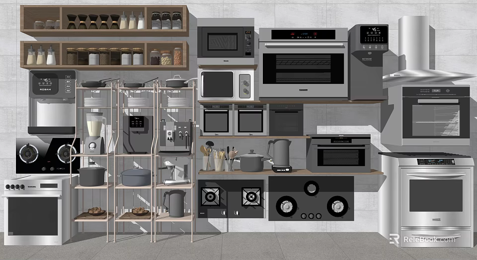 Organized Modern Kitchen Interior With Various Appliances Cabinets And Shelves 3d model