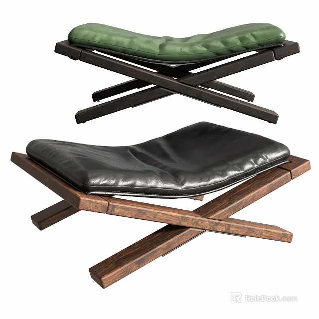 Black And Green Leather Stools With Wooden Crossed Legs Modern Design 3d model 