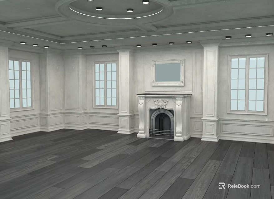 Classic Interior With White Walls Wainscoting Fireplace Mirror Circular Ceiling Recessed Lighting And Dark Wood Flooring 3d model 