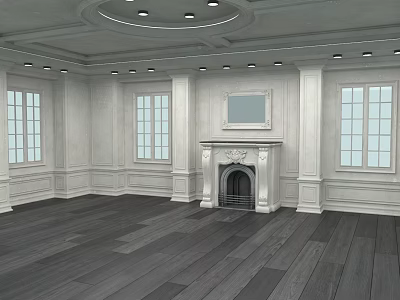 Classic Interior With White Walls Wainscoting Fireplace Mirror Circular Ceiling Recessed Lighting And Dark Wood Flooring 3d model
