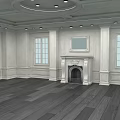 Classic Interior With White Walls Wainscoting Fireplace Mirror Circular Ceiling Recessed Lighting And Dark Wood Flooring