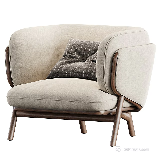 Elegant Modern Single Sofa With Light Beige Fabric Upholstery Wooden Legs And Striped Cushion 3d model 