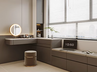 Modern Dressing Table With Round Mirror Cosmetics Stool And Potted Plant By Window Blinds 3d model