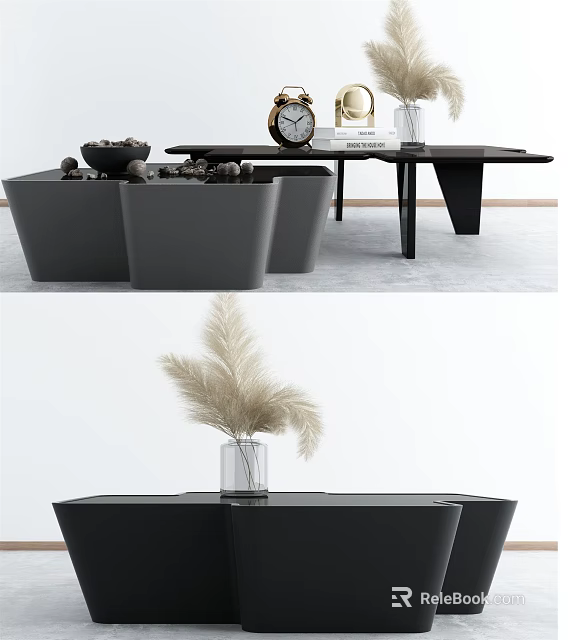 Modern Black Coffee Table With Gray Sofa Modules Decorative Clock And Pampas Grass Vase 3d model
