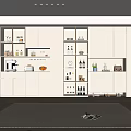 Modern Kitchen Wine Cabinet With Open Design White Cabinetry Glass Shelves And Decorative Items