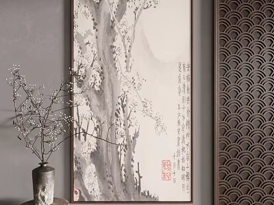 Chinese Style Landscape Painting With Traditional Elements In Interior 3d model