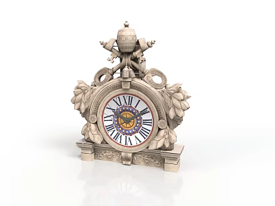 Carved Clock Sculpture With Intricate Floral Motifs Roman Numeral Dial And Ornate Top Decoration 3d model