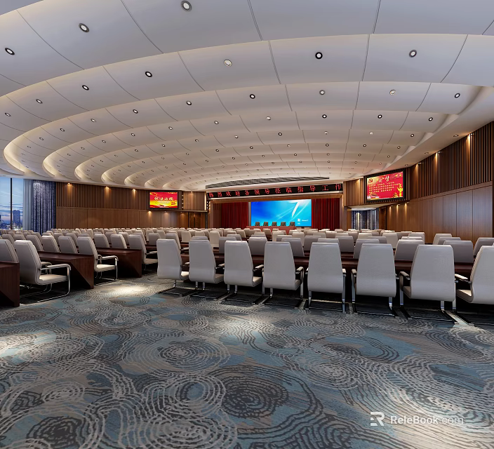 Spacious Modern Conference Room With Rows Of Seats Large Screen And Curved Ceiling 3d model 