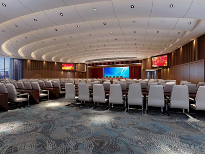 Spacious Modern Conference Room With Rows Of Seats Large Screen And Curved Ceiling 3d model