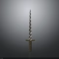 Spiral Bladed Sword With Golden Hilt On Gray Background And Reflection