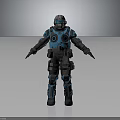 Futuristic Armored Character In Blue And Black Armor With Helmet And Mechanical Design Features