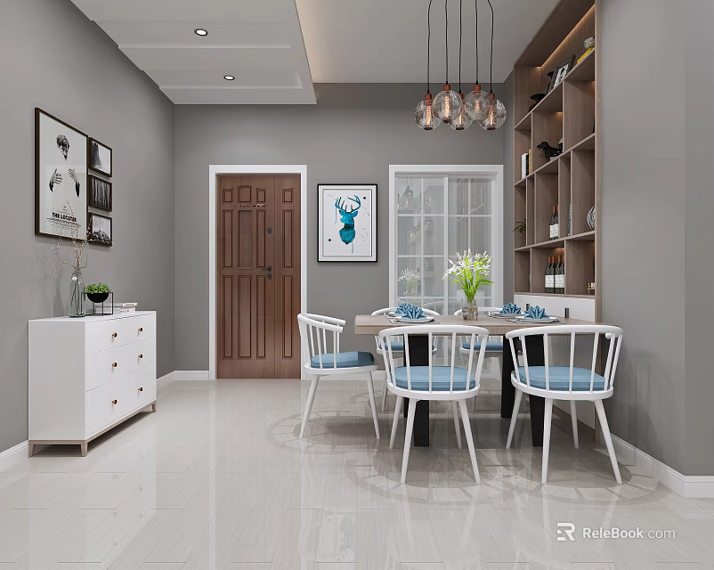 Modern Dining Room Interior With White Table Chairs Blue Seat Cushions Wall Art And Chandelier 3d model 