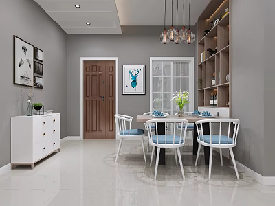Modern Dining Room Interior With White Table Chairs Blue Seat Cushions Wall Art And Chandelier 3d model