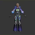 3D Model Of Female Character In Colorful Futuristic Armor With Glowing Elements