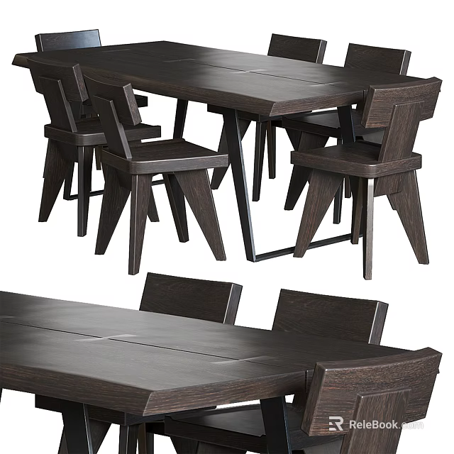 Modern Wooden Dining Table Set With Unique Chair Design And Metal Frame 3d model 