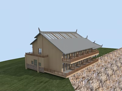 Wooden House on Hillside With Sloped Roof Balcony and Green Grass Surroundings 3d model