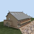 Wooden House on Hillside With Sloped Roof Balcony and Green Grass Surroundings
