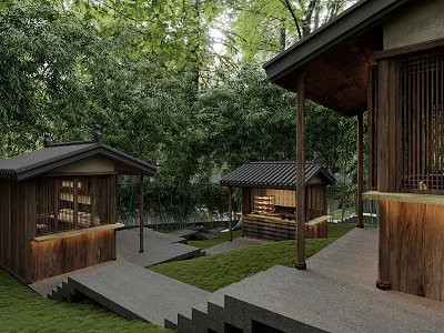 Ancient Architecture Wooden Structure Tiled Roof Green Trees Lawn Stone Paths Lattice Windows Natural Surroundings 3d model