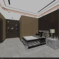 Modern Hotel Guest Room With Wooden Walls Bed Nightstand Table Lamp And Tile Flooring