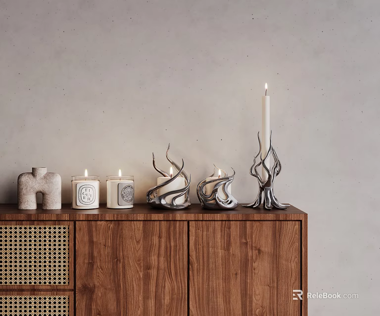 Minimalist Decorative Ornament Set on Wooden Cabinet Featuring Lit Candles and Unique Designs 3d model 