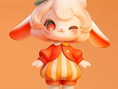 Cartoon Rabbit Sculpture with Pink Fur Green Hat Orange Jacket and Striped Shorts 3d model