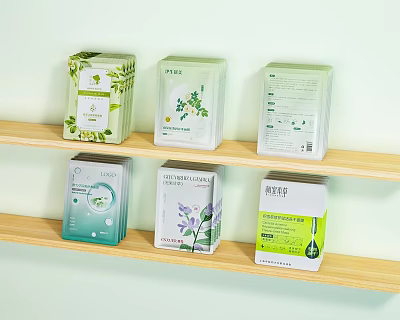 Wall Display of Perfume and Cosmetics Boxes on Wooden Shelf with Plant Patterns 3d model