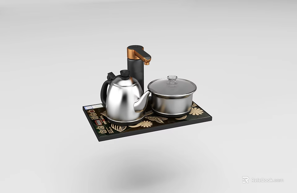 Silver Tea Kettle and Pot on Black Patterned Tray as Stylish Daily Electrical Appliances 3d model 