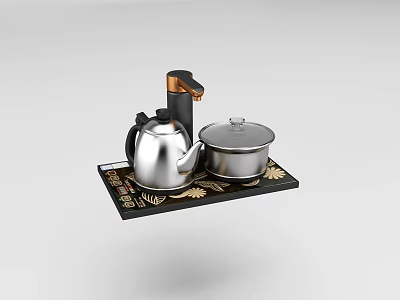 Silver Tea Kettle and Pot on Black Patterned Tray as Stylish Daily Electrical Appliances 3d model