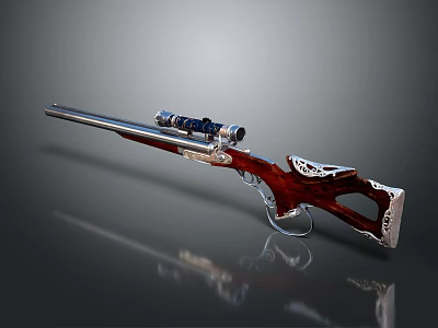 Vintage Rifle With Red Wooden Carved Stock Silver Barrel And Mounted Scope Design 3d model
