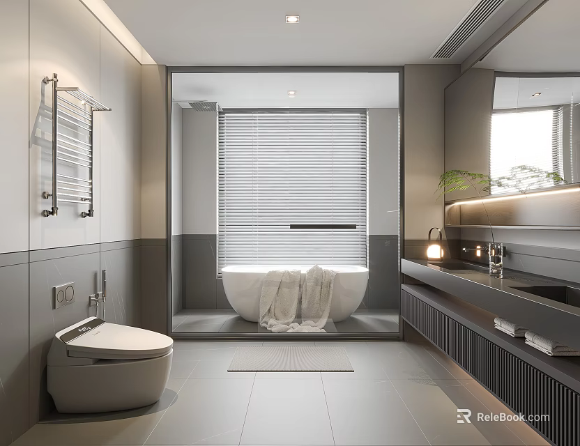 Elegant Modern Gray Bathroom Interior Design with Bathtub Toilet Vanity Blinds Mirror and Green Plant 3d model 