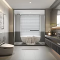 Elegant Modern Gray Bathroom Interior Design with Bathtub Toilet Vanity Blinds Mirror and Green Plant