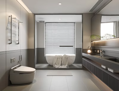 Elegant Modern Gray Bathroom Interior Design with Bathtub Toilet Vanity Blinds Mirror and Green Plant 3d model