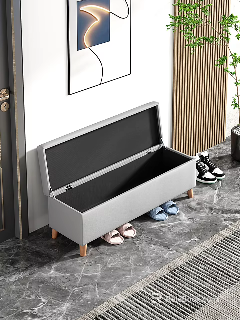 Gray Lidded Shoe Cabinet With Storage Space In Entryway And Wooden Legs 3d model 
