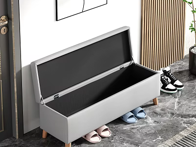 Gray Lidded Shoe Cabinet With Storage Space In Entryway And Wooden Legs 3d model