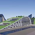 Modern Architectural Design Featuring Green Roof Wavy Structures And Blue Water Elements 3d model