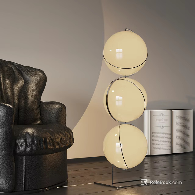Modern Three Spherical Globe Floor Lamp With Black Leather Sofa And Open Book 3d model