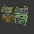 Vintage Household Stoves Featuring Wooden And Decorative Metal Arched Lids