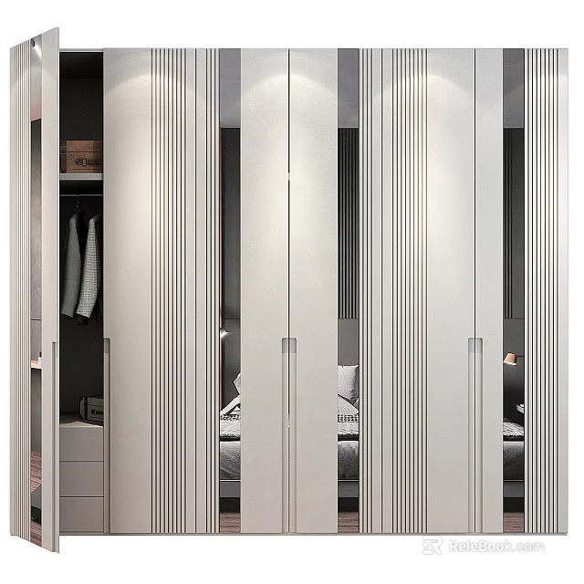 Modern Wardrobe Design With Light Colored Sliding Doors And Sleek Striped Details 3d model 